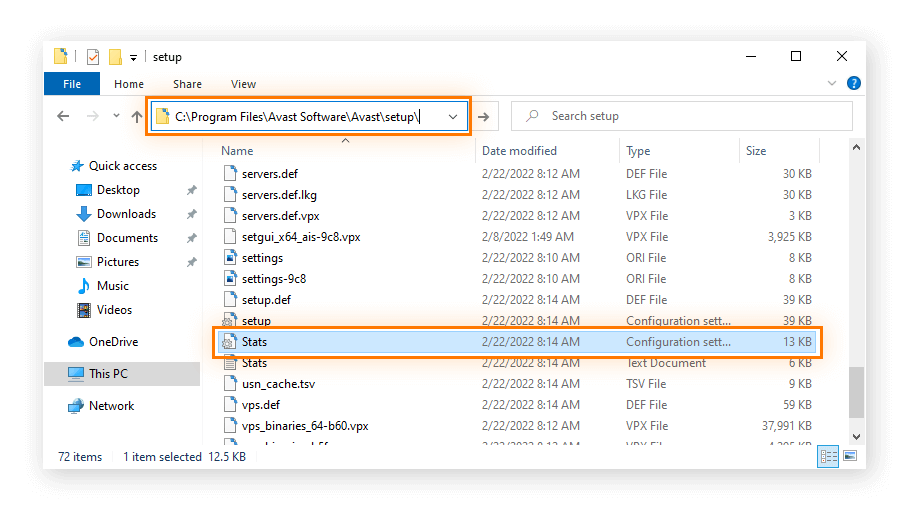 Проводник Windows, в котором отображается путь к папке установки Avast, а файл Stats выделен для редактирования.