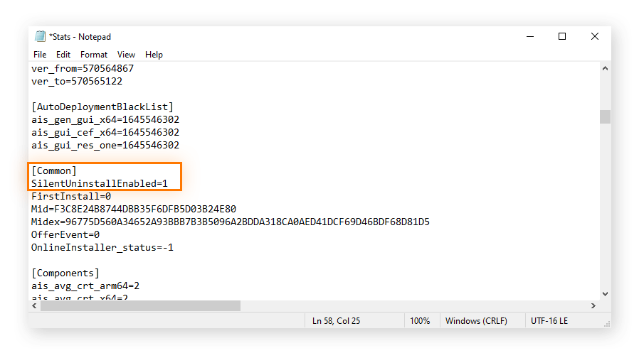 Окно «Блокнота», в котором отображается файл Avast Stats, с выделенной строкой «SilentUninstallEnabled равняется 1» в разделе Common.