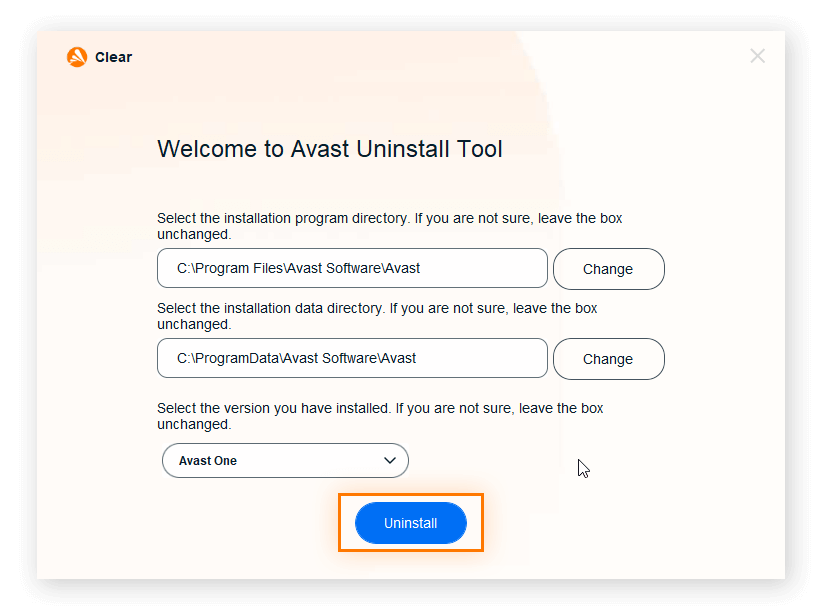 В программе Avast Uninstall Tool отображаются пути установки Avast по умолчанию, выбран продукт Avast Free Antivirus, а кнопка «Удалить» активна для удаления продукта.