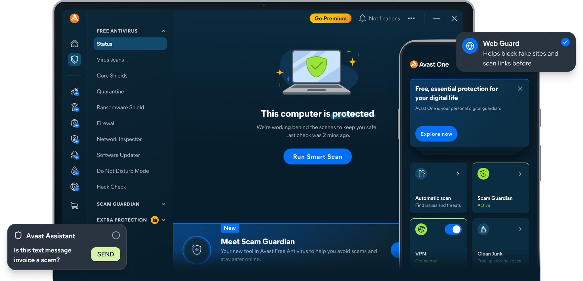 Ноутбук и сотовый телефон с демонстрацией Avast One и его компонентов